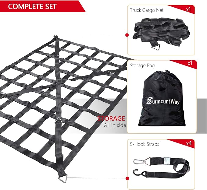 Surmountway Heavy Duty Cargo Net - 66" x 50", 1100LBS Capacity, Cam Buckles & S-Hooks, Fits Pickup Truck & Trailer Beds