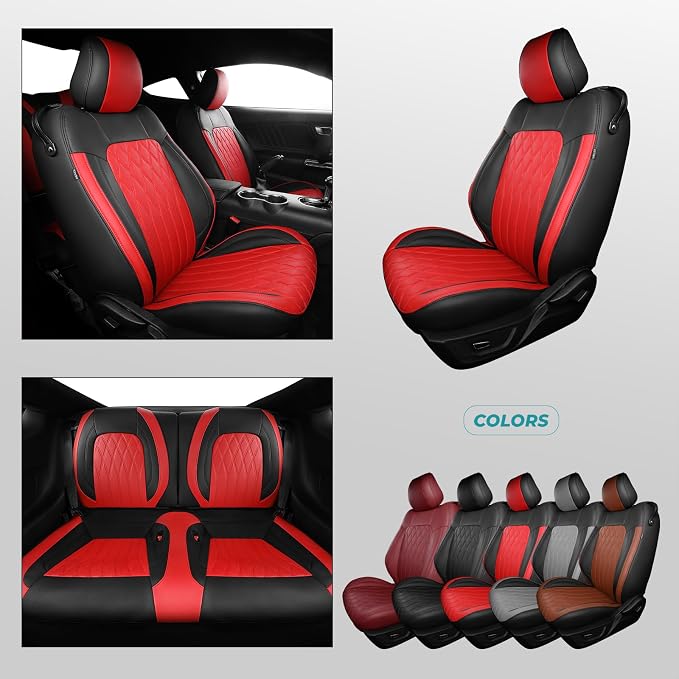 Custom for Ford Mustang Coupe Seat Covers 2015-2025 - Custom-Fit Full Set Faux Leather Car Seat Covers for Mustang Coupe Fastback GT/V6/EcoBoost 2015 2016 2017 2018 2019 2020 2021 2022 2023 2024 2025