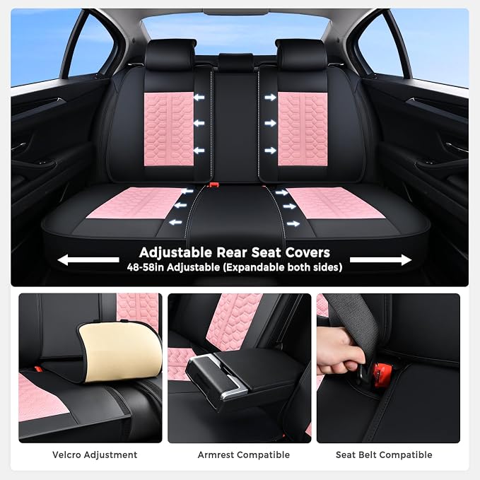 Huidasource Leather Seat Covers Full Set, Front and Rear Car Seat Covers, Full Wrap Automotive Car Seat Cushion Covers Protector Nappa Leather Fit for Most Cars SUV Trucks, Black & Pink