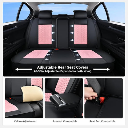 Huidasource Leather Seat Covers Full Set, Front and Rear Car Seat Covers, Full Wrap Automotive Car Seat Cushion Covers Protector Nappa Leather Fit for Most Cars SUV Trucks, Black & Pink
