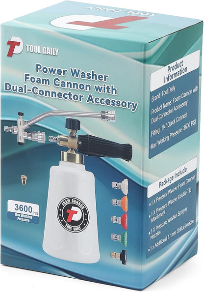 Tool Daily Foam Cannon for Pressure Washer with Double Tip Attachment, Dual Lance Wide Mouth Soap Cannon, 5 Power Washer Sprayer Nozzles, 1/4" Quick Connect, 3600 PSI