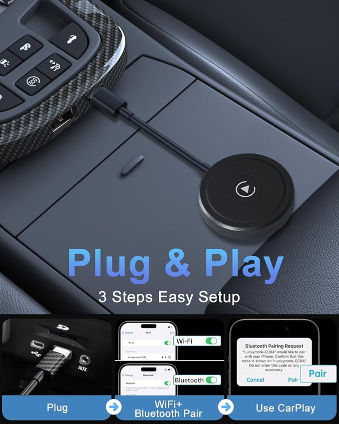 HEI LIANG Wireless Carplay Adapter, Converts Wired to Wireless Carplay Dongle for Wireless Control Plug & Play Carplay Fit for Cars 2016 & for Apple iPhone iOS 10+(Round), Round&Black