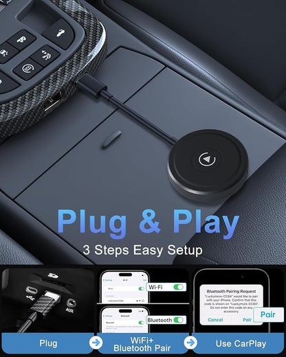 HEI LIANG Wireless Carplay Adapter, Converts Wired to Wireless Carplay Dongle for Wireless Control Plug & Play Carplay Fit for Cars 2016 & for Apple iPhone iOS 10+(Round), Round&Black