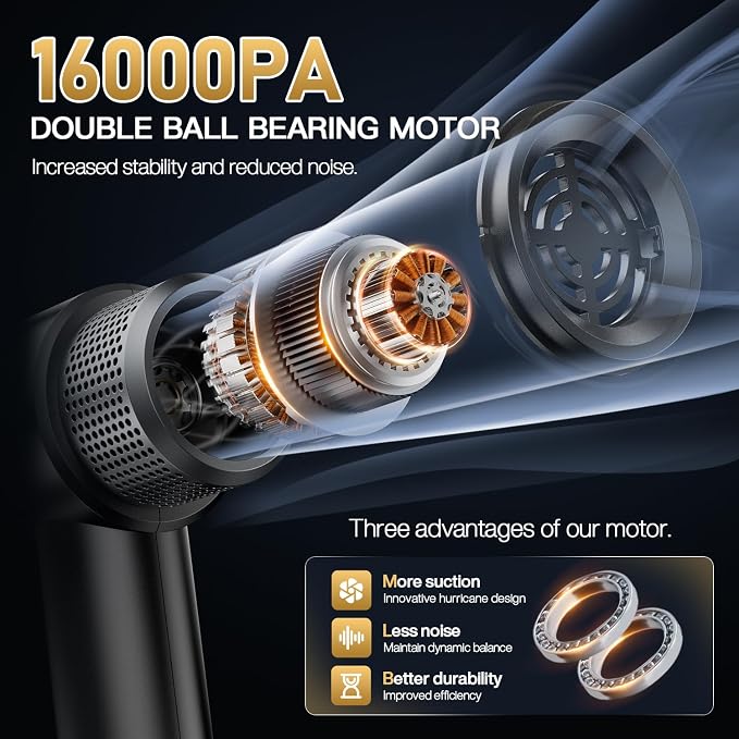 Handheld Car Vacuum Cleaner, 16000PA Car Vacuum Portable Cordless,4 in 1 Air Duster and Vacuum Cleaner with LED Light，Dual Filters, High Power Handheld Used for Home, Pet, Office