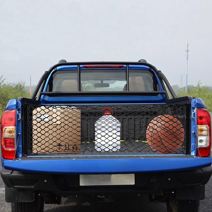 Truck Cargo Organizer Storage Nylon Universal Heavy Duty Net Fit 60" x 16" Cargo Net for Trucks from Chevy (Chevrolet), Ford, Toyota, GMC, Dodge RAM, Jeep with 4 Carabiner Buckles