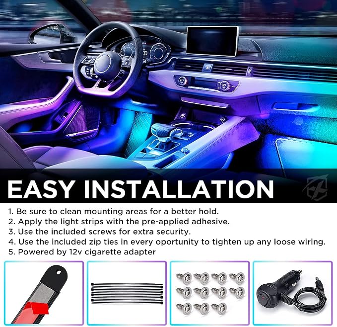 Xprite Dreamcolor LED Neon Car Interior Bluetooth Lights Strip with Remote & APP Control, Footwell Under Dash RGB Chasing Inside Light Kits, Cigarette Adapter for Vehicle Internal Trucks SUV UTV ATV