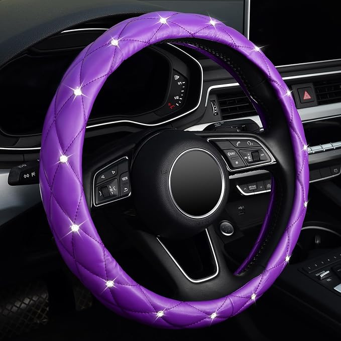 KAFEEK Diamond Soft Leather Steering Wheel Cover with Bling Bling Crystal Rhinestones, Universal 15 inch, Purple