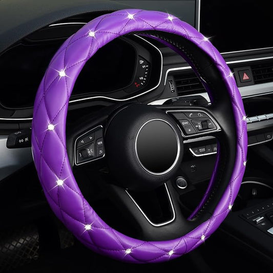 KAFEEK Diamond Soft Leather Steering Wheel Cover with Bling Bling Crystal Rhinestones, Universal 15 inch, Purple