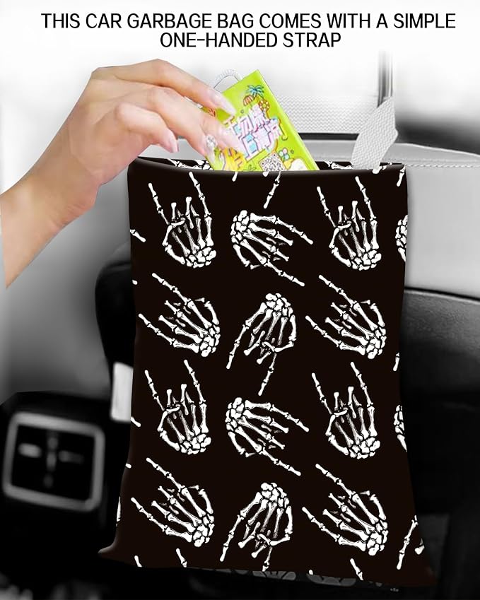 Car Garbage Can, Car Trash Bag Can for Vehicle, Travelling, Camping - Hanging Back Seat Organizer With Rock Skull Hands Design