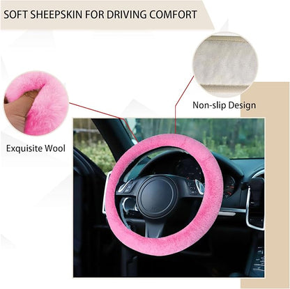 Ziciner Fuzzy Steering Wheel Cover, 15 inch Soft Wool Fur Steering Wheel Protector, Fluffy Wheel Covers for Winter Warm, Car Interior Decoration Accessories for Women Men (Pink)