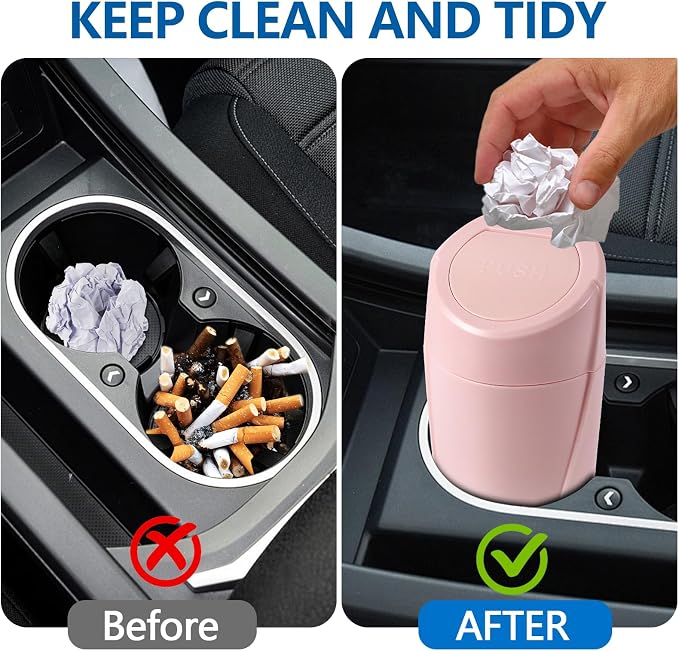 Hovom Mini Car Trash Can with Lid, Portable Garbage Can for Car, Leakproof Cup Holder Automotive Garbage Bin with 2 Rolls of Trash Bags, Small Trash Storage Can for Car Home Office(Pink)