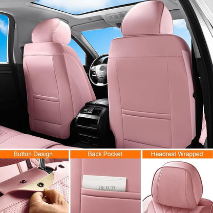 Pink Leather Car Seat Covers Front Seats, Luxury Automotive Seat Covers with Lumbar Support, Waterproof Pink Car Accessories Seat Protector Universal Fit for Most Cars Trucks Pick-ups SUVs