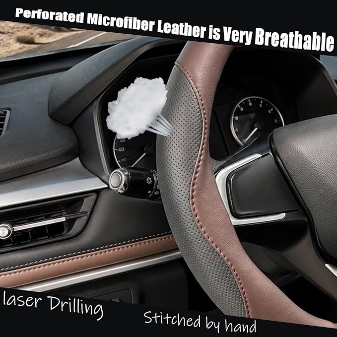 D Shaped Steering Wheel Cover, Flat Bottom Car Wheel Cover 14 1/2-15 inch (37-39 cm), Non-Folding Packaging, Microfiber Leather, Black and Chocolate Brown