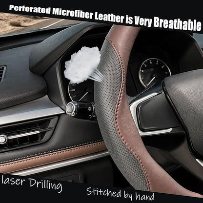 D Shaped Steering Wheel Cover, Flat Bottom Car Wheel Cover 14 1/2-15 inch (37-39 cm), Non-Folding Packaging, Microfiber Leather, Black and Chocolate Brown