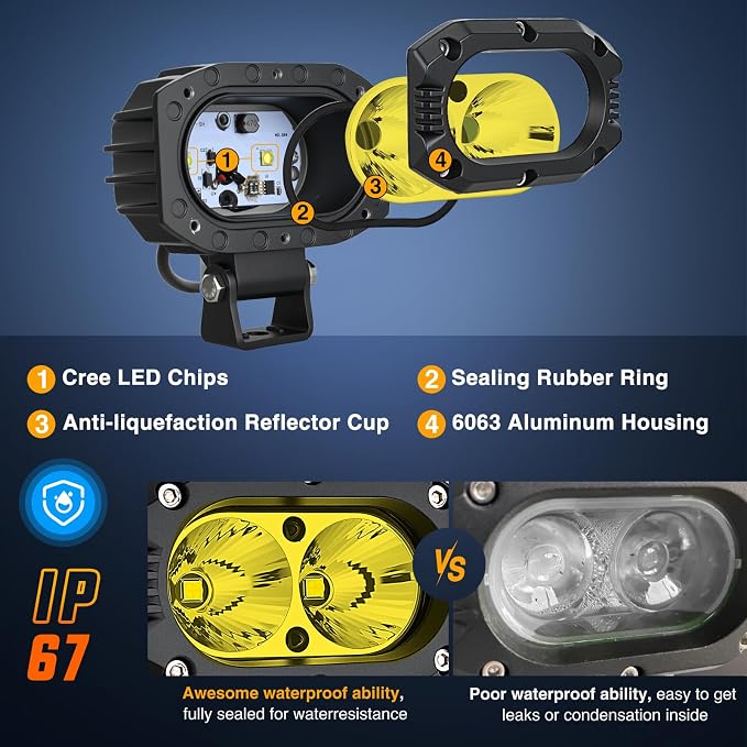 Nilight LED Pod Light 24W 4 Inch 2PCS Yellow Flood Beam Driving Lights Pods IP67 Waterproof Auxiliary Offroad Lighting for Truck Tractor SUV ATV UTV Golf Cart Boat Motorcycle Dirt Bike