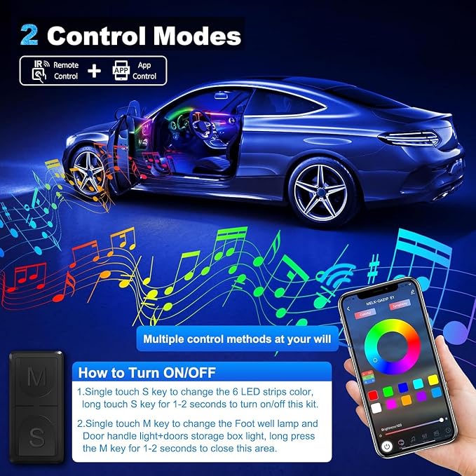 Dreamcolor Acrylic Interior Car LED Strip Light with Wireless APP, RGB 6 in 1 with 175 inches 600 LEDs Fiber Optic Car Ambient Lighting Kits, Sound Active Function LED Strip for Car Accessories