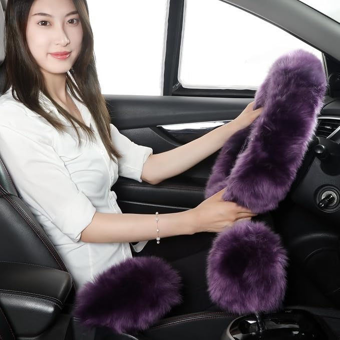 Fuzzy Genuine Sheepskin Steering Wheel Cover Set for Women Parents-Fluffy Soft Australian Merino Wool Wrap with Gear Shift and Hand Brake Covers, Cozy Stylish Luxury Car Accessories (Lavender Purple)