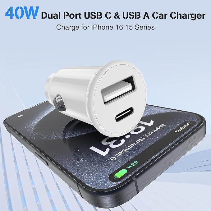 USB C Car Charger for iPhone 17 16 15 Pro Max, 40W Dual Port USB-C & USB-A Car Fast Charging Adapter, 2X6.6FT C to C Cable & A to C Carplay Cable for iPhone 17 16 15 Series/iPhone Air,iPad,Samsung-Red