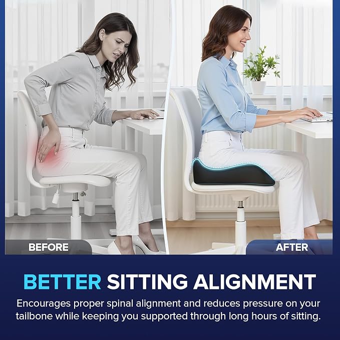 Seat Cushion for Chair, Memory Foam Seat Cushion for Tailbone Pain Relief- Ergonomic Support for Coccyx, Back & Butt- Office & Truck Ergonomic Chair Cushion, Black