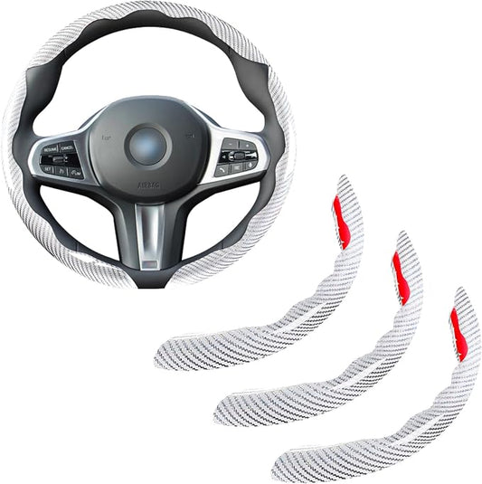Car Steering Wheel Cover Set Bright Carbon Fiber Wrap Non-Slip 3pcs Steering Wheel Accessories 14.5-15 inch Universal (White)