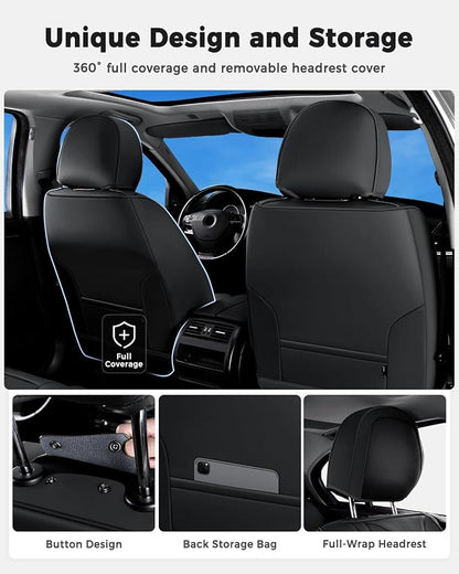 Huidasource Car Seat Covers Full Set Luxury Nappa Leather, Seat Cover with Velcro Adjustable, Airbag, Lumbar Support, Cooling and Heating, Car Seat Covers Universal Fit for Most Cars SUV Trucks, Black