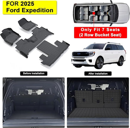 All-New 2025 Floor Mats for Ford Expedition MAX(Only Fit Max 7 Seats / 2nd Row Bench Seat) with Cargo Liners,TPE All Weather Protection Floor Liners with Trunk Mat Covering The Backrest