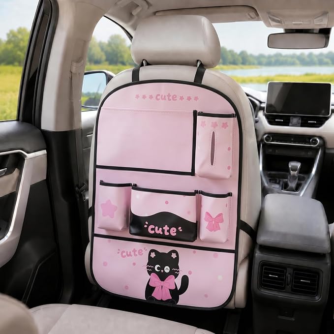 YUNZLAN Pink Black Backseat Car Organizer, Leather Kick Mats Back Seat Protector Organizer with Touch Screen Tablet Holder for Kids Travel Accessories