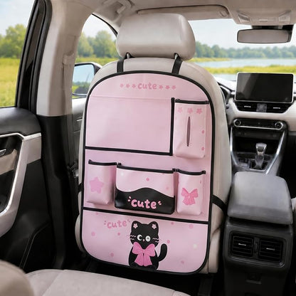 YUNZLAN Pink Black Backseat Car Organizer, Leather Kick Mats Back Seat Protector Organizer with Touch Screen Tablet Holder for Kids Travel Accessories