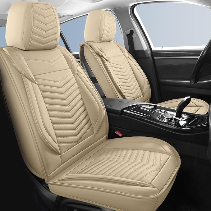 HChengkikz Nappa Leather Car Seat Covers Full Set, Beige Car seat Protector 5 Seats, Waterproof Car Seat Cushion, Universal Automotive Seat Covers Fit for SUV Truck Pick-up Sedan, Front and Rear