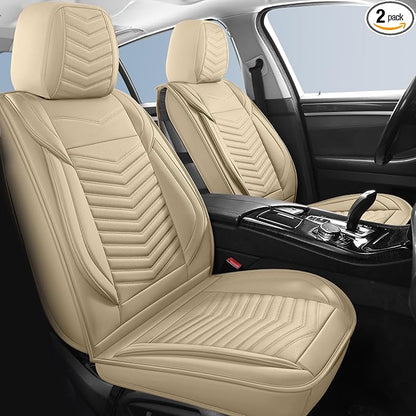 HChengkikz Nappa Leather Car Seat Covers Front Seats, Beige Car seat Protector, Waterproof Car Seat Cushion, Universal Automotive Seat Covers Fit for SUV Truck Pick-up Sedan and Most Cars