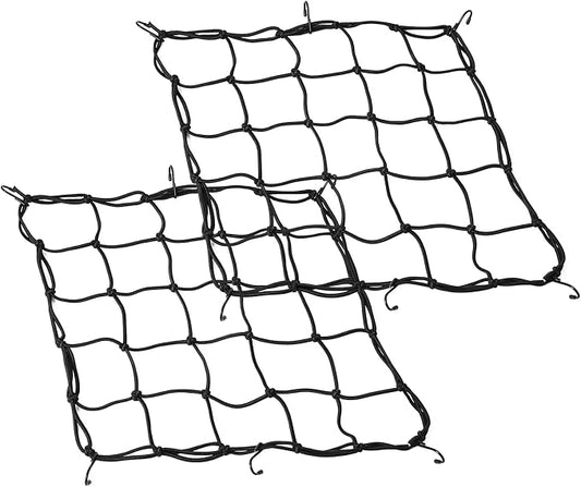 15.7"x15.7" Motorcycle Cargo Net 2Pcs with 2"x2" Small Mesh & 6 Metal Hooks, Stretchable Bungee Net for Helmets, Bikes, Surfboards, ATV, Kayak, Luggage Securing