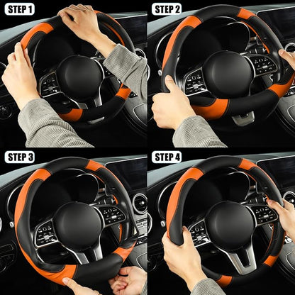 Microfiber Leather Steering Wheel Cover, Breathable, Anti Slip, 13.5 inch to 14 inch, Black with Orange