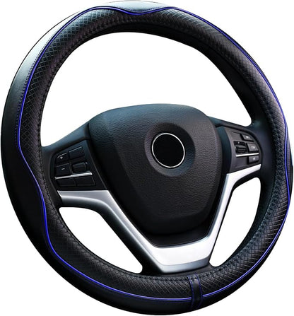 Valleycomfy Steering Wheel Covers Universal 15.75 inch - Genuine Leather, Breathable, Anti Slip & Odor Free (Black with Blue Lines, L(15" 1/2-16"))