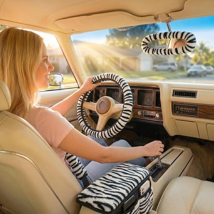 5 Pcs Fuzzy Animal Print Car Accessories Set, Soft Fluffy Plush Steering Wheel Cover, Center Console Armrest Pad & Rearview Mirror Cover - Interior Decorations for Women,Universal Fit (Zebra Print)