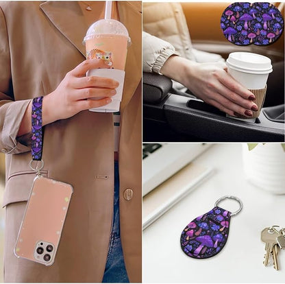 14 Pcs Purple Mushroom Car Seat Covers Full Set with Auto Steering Wheel Cover Armrest Cushion Protector Seat Belt Covers,Rianbow Mushroom Auto Accessories,Universal Fit Cars SUV Trucks