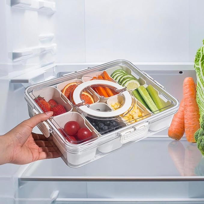 WACOI Divided Snack Serving Tray with Lid and Handle Travel Snackle Charcuterie Container Portable Storage Organizer for Candy, Fruits, Nuts, Snacks, Party, Picnic 2 Packs White