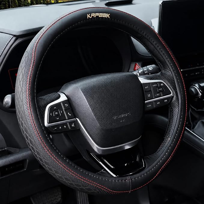 KAFEEK 15 inch Steering Wheel Cover, Breathable Perforated Microfiber Leather, Sporty Diamond Texture, Anti-Slip Red Stitching Car Steering Wheel Protector, Universal Fit for Cars SUVs Trucks, Black