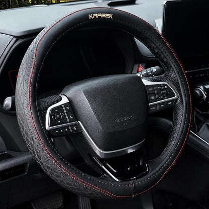 KAFEEK 15 inch Steering Wheel Cover, Breathable Perforated Microfiber Leather, Sporty Diamond Texture, Anti-Slip Red Stitching Car Steering Wheel Protector, Universal Fit for Cars SUVs Trucks, Black
