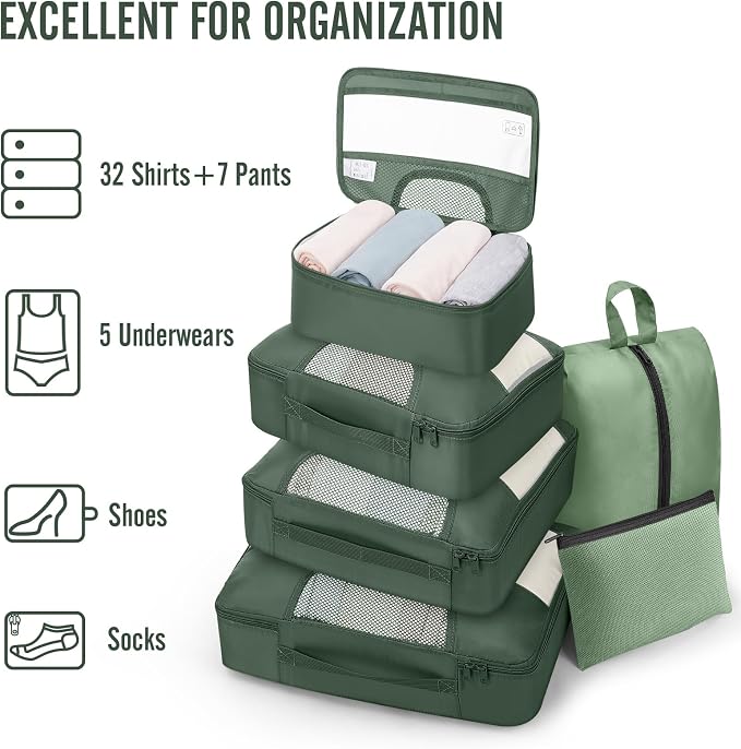 Veken 8 Set Packing Cubes for Travel Essentials,Anti-Wrinkle Buckled Suitcase Organizer for Shoe & Toiletry Bag,Carry On Luggage Bag with 99+ Count Mesh Holes for Airplane & College Dorm Accessories
