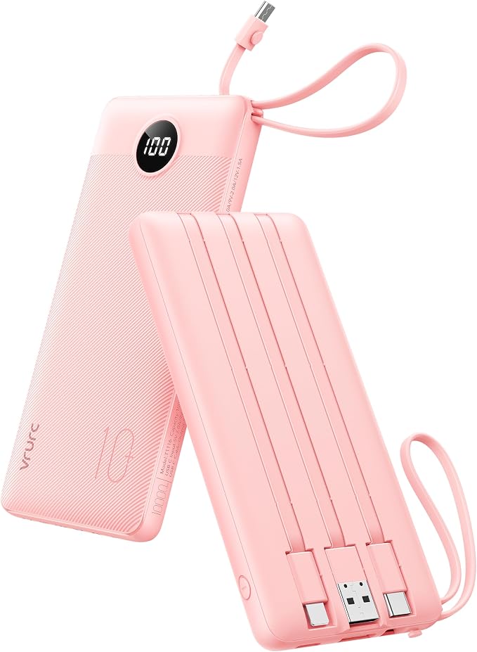VRURC Portable Charger Power Bank, Built-in 4 Cables & 2 Ports,10000mAh Slim Battery Pack with LED Display, Travel Essential USB C Portable Phone Charger for All Cell Phones Devices-Pink(1 Pack)