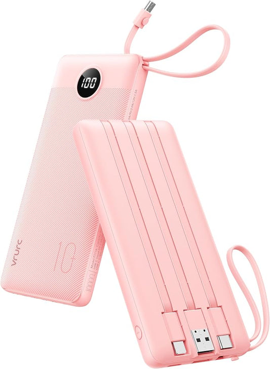 VRURC Portable Charger Power Bank, Built-in 4 Cables & 2 Ports,10000mAh Slim Battery Pack with LED Display, Travel Essential USB C Portable Phone Charger for All Cell Phones Devices-Pink(1 Pack)
