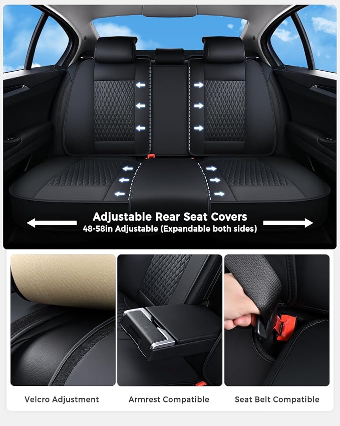 Huidasource Back Seat Covers, Luxury Nappa Leather Rear Seat Cover with Velcro Adjustable, Child Seats, Ventilation Holes, Seat Belts, Car Back Seat Cover Universal Fit for Most Cars SUV Trucks, Black
