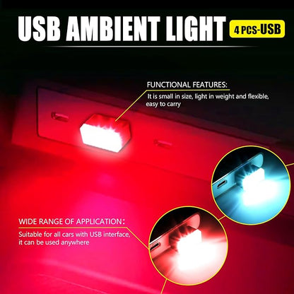 4 PCS USB LED Car Interior Atmosphere Lamp, Portable Mini Auto LED Decor Night Light, Plug-in USB Interface Ambient Lighting Kit, Universal Car Interior Accessories (Red+Ice Blue)