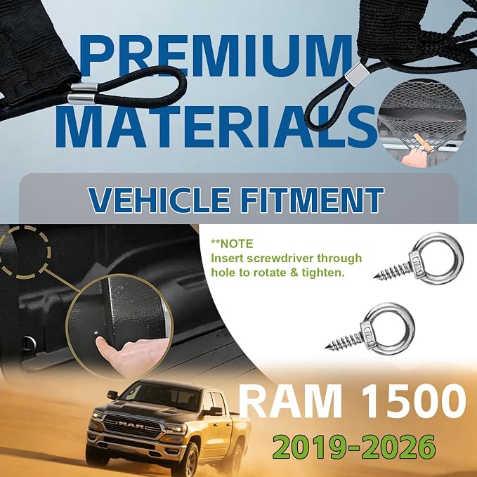 Truck Bed Cargo Net Truck Netting Custom Fit for Dodge Ram 1500 2025 2026-2019 Pickup Tailgate Organizer Net Heavy-Duty Elastic Truck Storage Grocery Mesh Net-Envelope Style