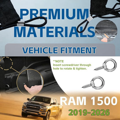Truck Bed Cargo Net Truck Netting Custom Fit for Dodge Ram 1500 2025 2026-2019 Pickup Tailgate Organizer Net Heavy-Duty Elastic Truck Storage Grocery Mesh Net-Envelope Style