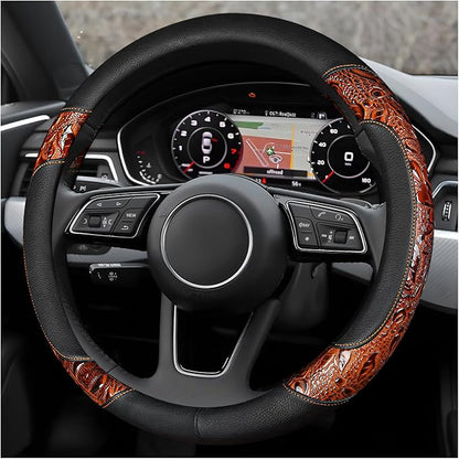 Leather Car Steering Wheel Cover, 15" Crocodile Pattern Anti Slip Car Wheel Wrap with Rose Grain, Four Seasons Universal Auto Steering Wheel Protector for Cars Trucks SUVs (Brown & Black)