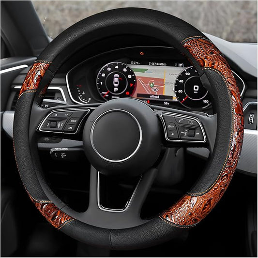 Leather Car Steering Wheel Cover, 15" Crocodile Pattern Anti Slip Car Wheel Wrap with Rose Grain, Four Seasons Universal Auto Steering Wheel Protector for Cars Trucks SUVs (Brown & Black)