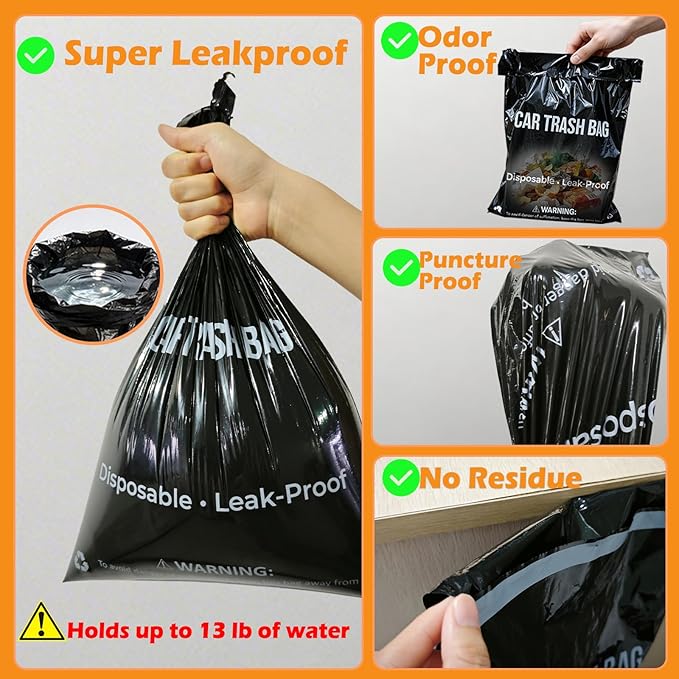 100 Count Recycled Disposable Car Trash Bags - 2.5 Gallon Heavy Duty Alternative to Bulky Car Trash Can & Car Garbage Can, Leakproof Smellproof Hanging & Stick-On Garbage Bag for Car, SUV, Truck