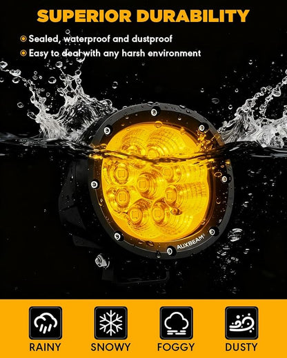 Auxbeam 4 Inch Amber Round LED Driving Light, 2PCS 90W 9000LM Yellow Fog Pods Light Bar Off-Road Flood Work Energy-Efficient Lights with DT Plug Wiring Harness Kit for Truck Jeep Pickup ATV UTV SUV