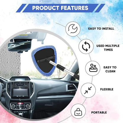 Windshield Cleaning Tool, Car Window Cleaner with Extendable Handle, 4 Microfiber Pads and Spray Bottle, Auto Interior Exterior Glass Wiper Cleaning Kit Universal for RV, SUV, Truck (Blue)